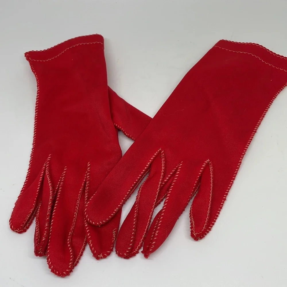 LEATHER SPUN NYLON GLOVES, red short 1950, VINTAGE, Size 6.5